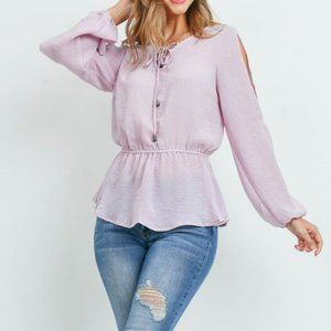 Rose Cut Out Long Sleeves Cinched Front Tie Blouse Pastel Pink L